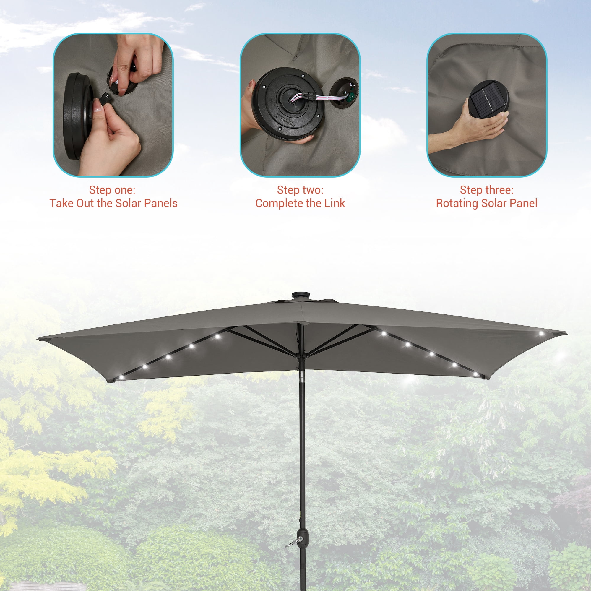 CHYVARY 10 x 6.5ft LED Outdoor Patio Rectangular Table Umbrellas for Deck, Poolside and Garden, Gray
