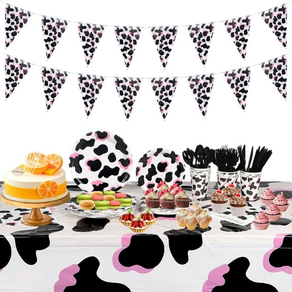 171PCS Cow Print Party Supplies, Party Tableware Set Serving 24 Guests, Disposable Paper Plates Cups Napkins Spoons Forks Knives Tablecloths Banner, Birthday Baby Shower Decor