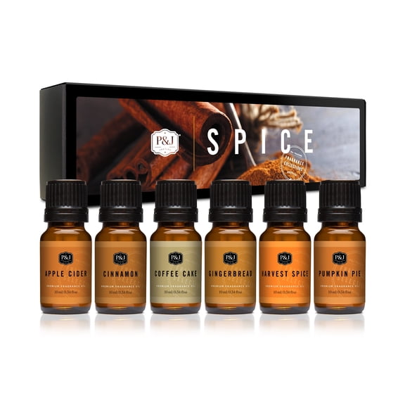 P&J Trading Spice Set of 6 Premium Grade Fragrance Oils - Cinnamon, Harvest Spice, Apple Cider, Coffee Cake, Gingerbread, Pumpkin Pie - 10ml