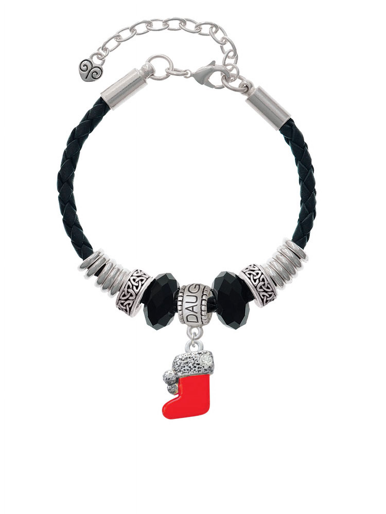 Delight Jewelry Silvertone 3-D Red Christmas Stocking Daughter Celtic Knot Leather Bead Bracelet, 7"+2" Extender
