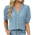 thumbnail image 2 of Odbmxy Plus Size Womens Shirts Summer Short Sleeve V-Neck Womens Tops Trendy Lace Plain Casual Button up Regular Tops,Blue XXL, 2 of 9