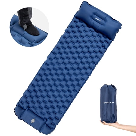 Night Cat Sleeping Air Pads with Pillow Inflatable, Foot Pump Inflation, Camping Mats for Backpacking Hiking Ultra-Light Compact Comfortable 77"x25.5"
