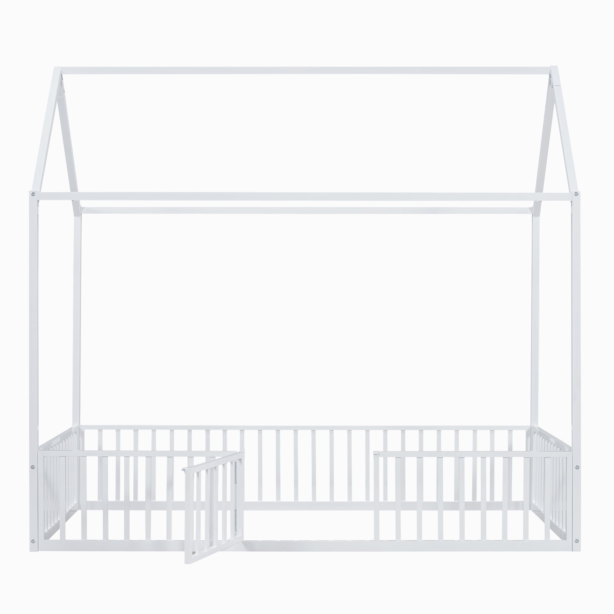 Euroco Metal Twin Size House Bed Frame, Low Profile Canopy Bed with Fence and Door, White