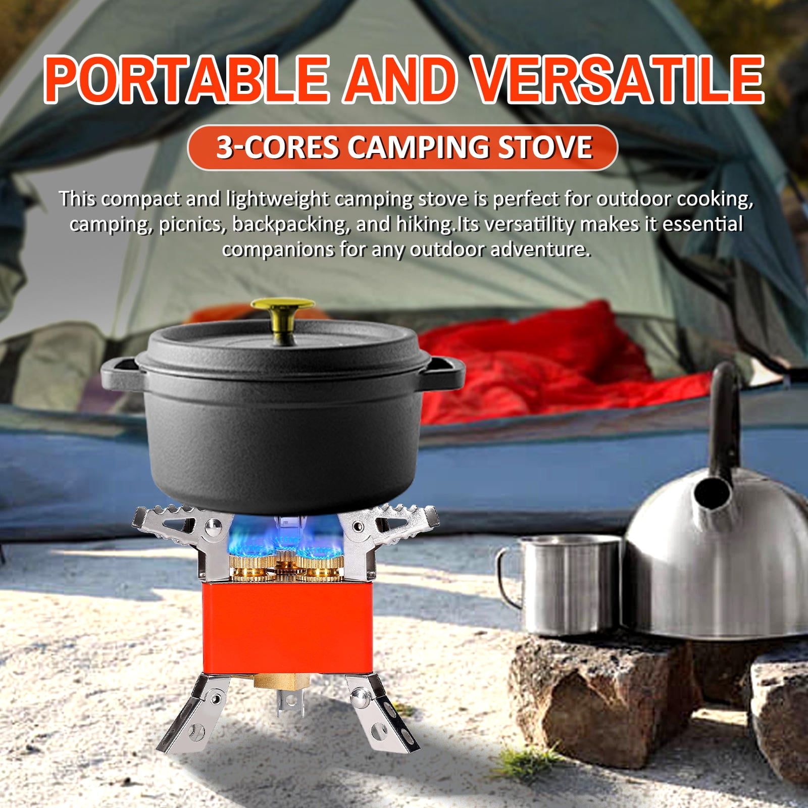 Suodoka 6800W 3-Core Portable Camping Stove with Adjustable Valve, Foldable Stand, High-Power Gas Burner – Ideal for Backpacking, Hiking & Picnics