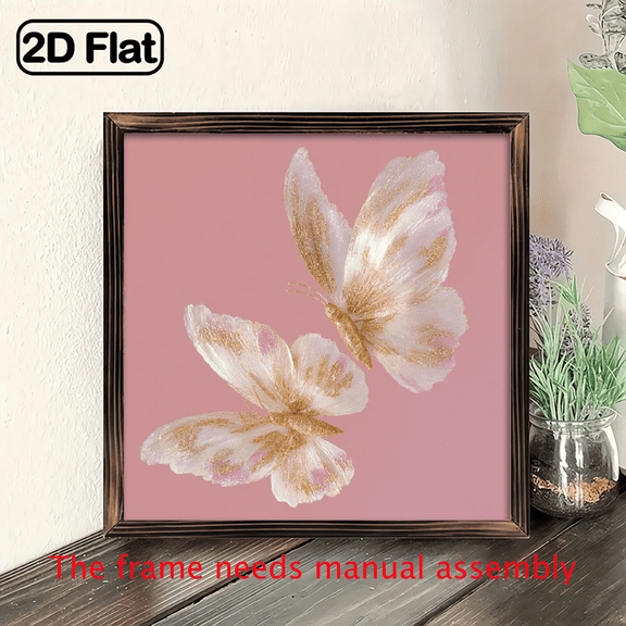 2D Flat 1Pc Wood Frame Sign Pink Gold Butterfly Square Wall Art Paintings Ideal Gift For Living Room Bedroom Corridor Wall Decor Room Decoration. 8x8in,wooden board painting