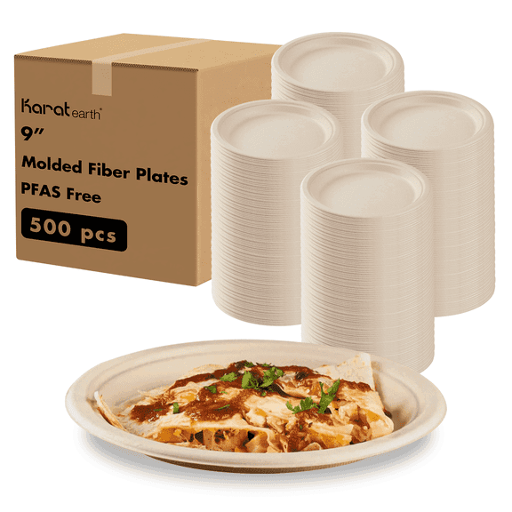 Karat Earth [500 ct] PAFS-Free 9" Paper Plates, Molded Fiber,  Natural