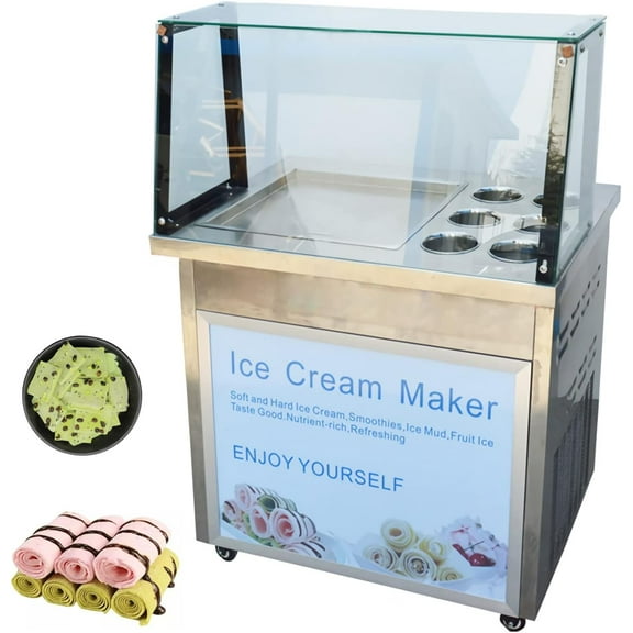 Single Flat Pan Commercial Rolled Ice Cream Machine Cold Fried Ice Cream Maker Yoghurt Roll Making Machine with 6 Buckets and Dust Cover