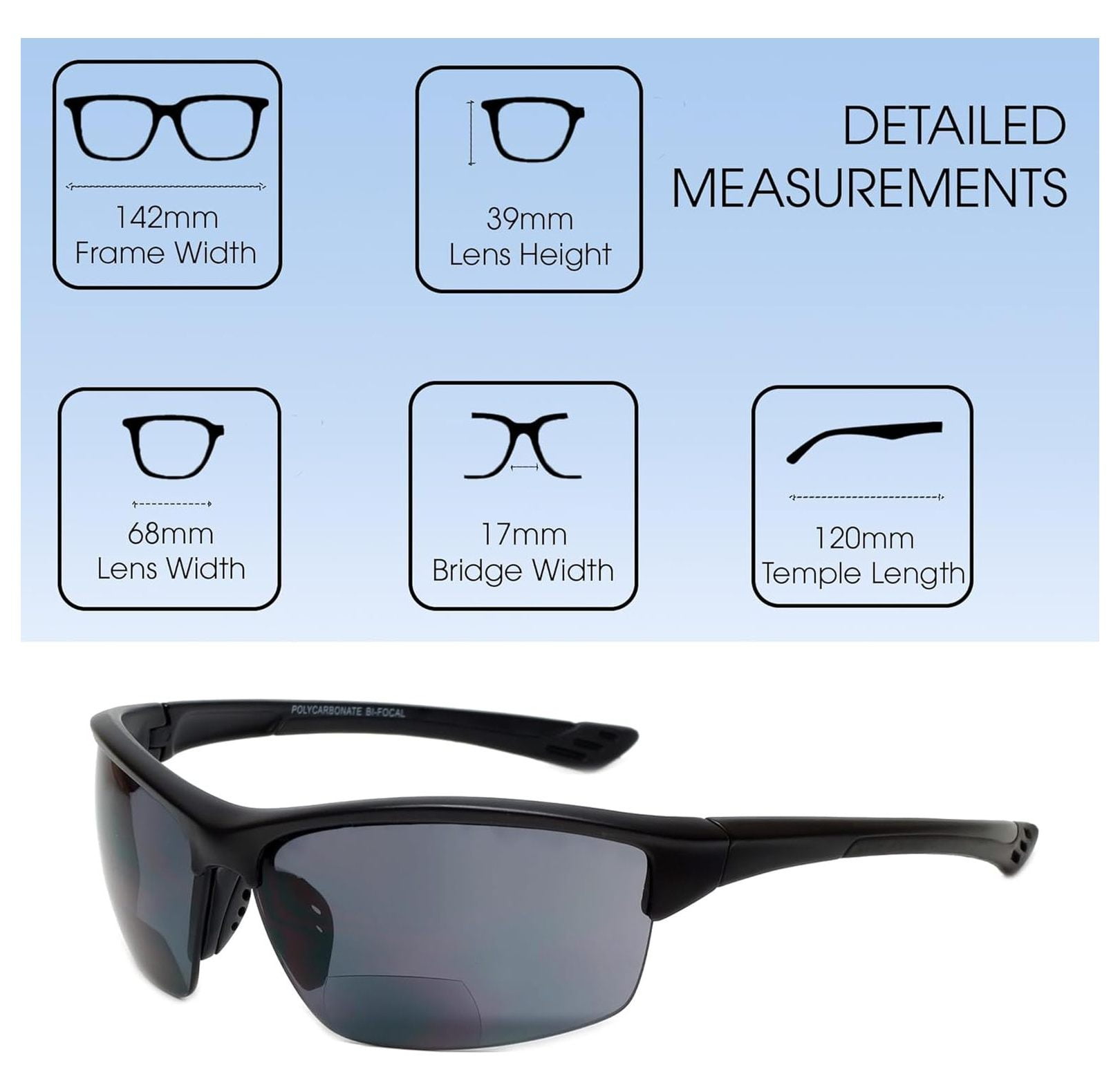 Sport 202BF Bifocal Reading Safety Glasses Readers Men Women Anti Fog Wrap Around Tinted UV Protection Semi-Rimless