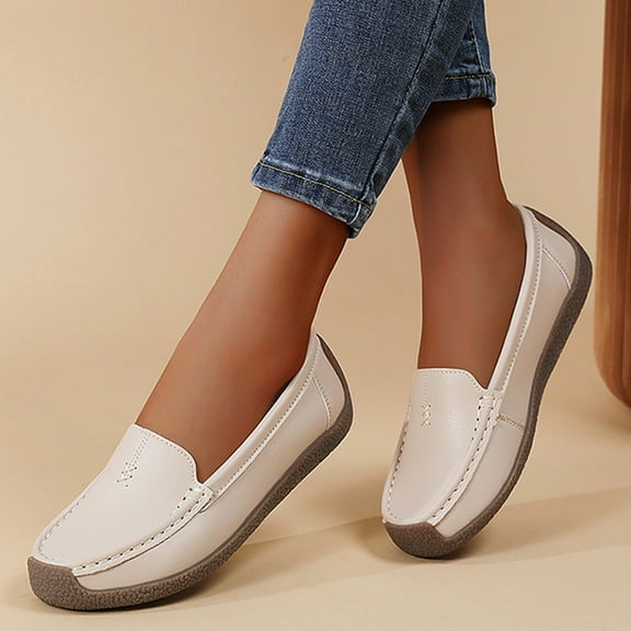 Eltusu Women Loafer Flat Shoes, Solid Color Breathable Round Toe No Slip Dress Shoes Beige Size 6.5