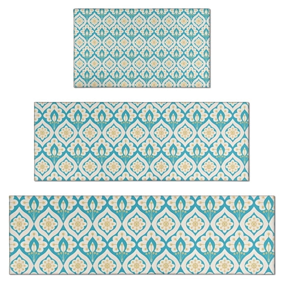 Blue Pioneer Flower Pattern Kitchen Rugs Sets Of 3,Kitchen Runner Rugs Non Skid Washable,Decorative Kitchen Floor Mats for Kitchen,Sink,Laundry,17"x30" 17"x47" 17"x59"