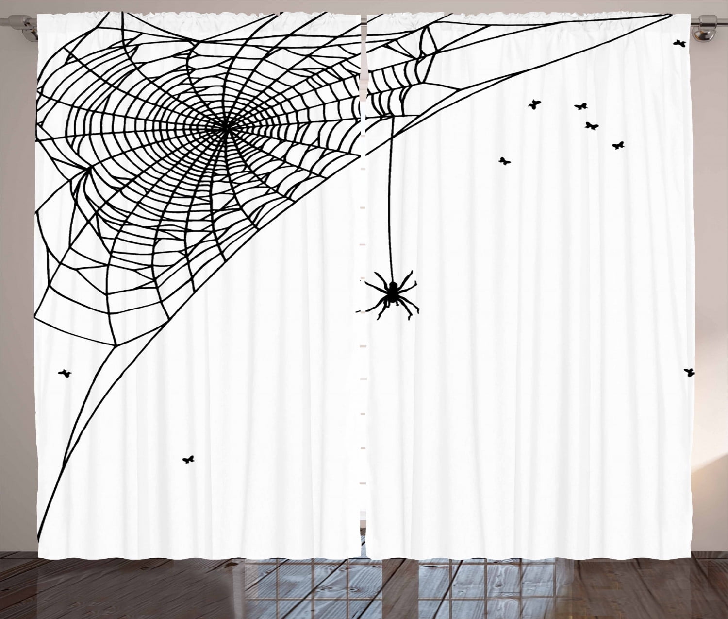Spider  Curtains 2 Panels Set, Corner Cobweb with a Hanging Insect