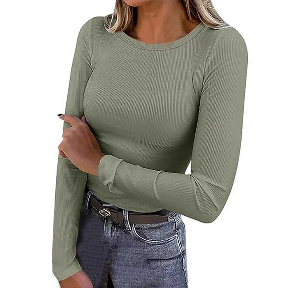 XUELUO Boho Tops For Women Autumn Winter Solid Color Ribbed Crew Neck Long Sleeve Slim Fit Casual Basic Shirts For Women T-shirts Daily-Wear,Green,XL