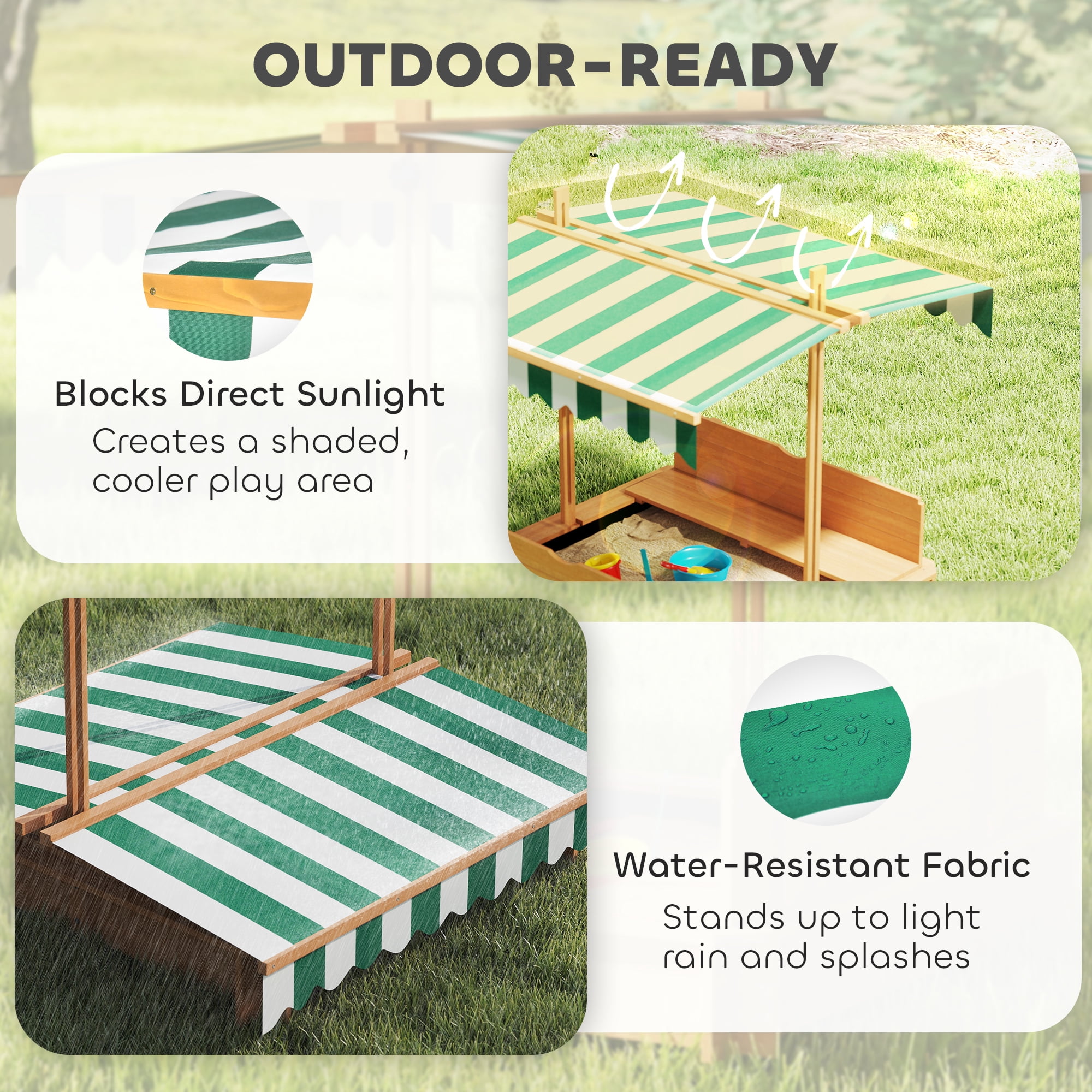 Wooden Kids Sandbox with Adjustable Canopy & Cover, Foldable Bench Seats with Backrest, Outdoor Sand Box with Bottom Liner, Brown