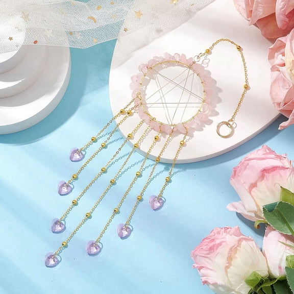 Wire Wrapped Natural Rose Quartz Chips Ring Hanging Ornaments Glass Heart Tassel Suncatchers for Indoor Window Patio Garden Decorations 314mm