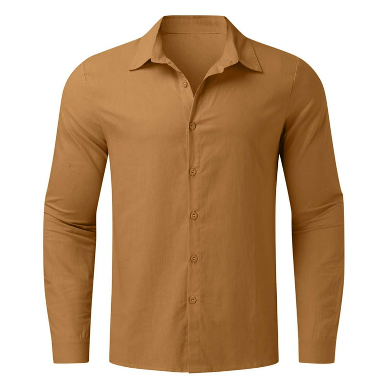Mens Shirts Summer Cotton Linen Solid Loose Turn Down Collar Long Sleeve  Male Top Khaki L 