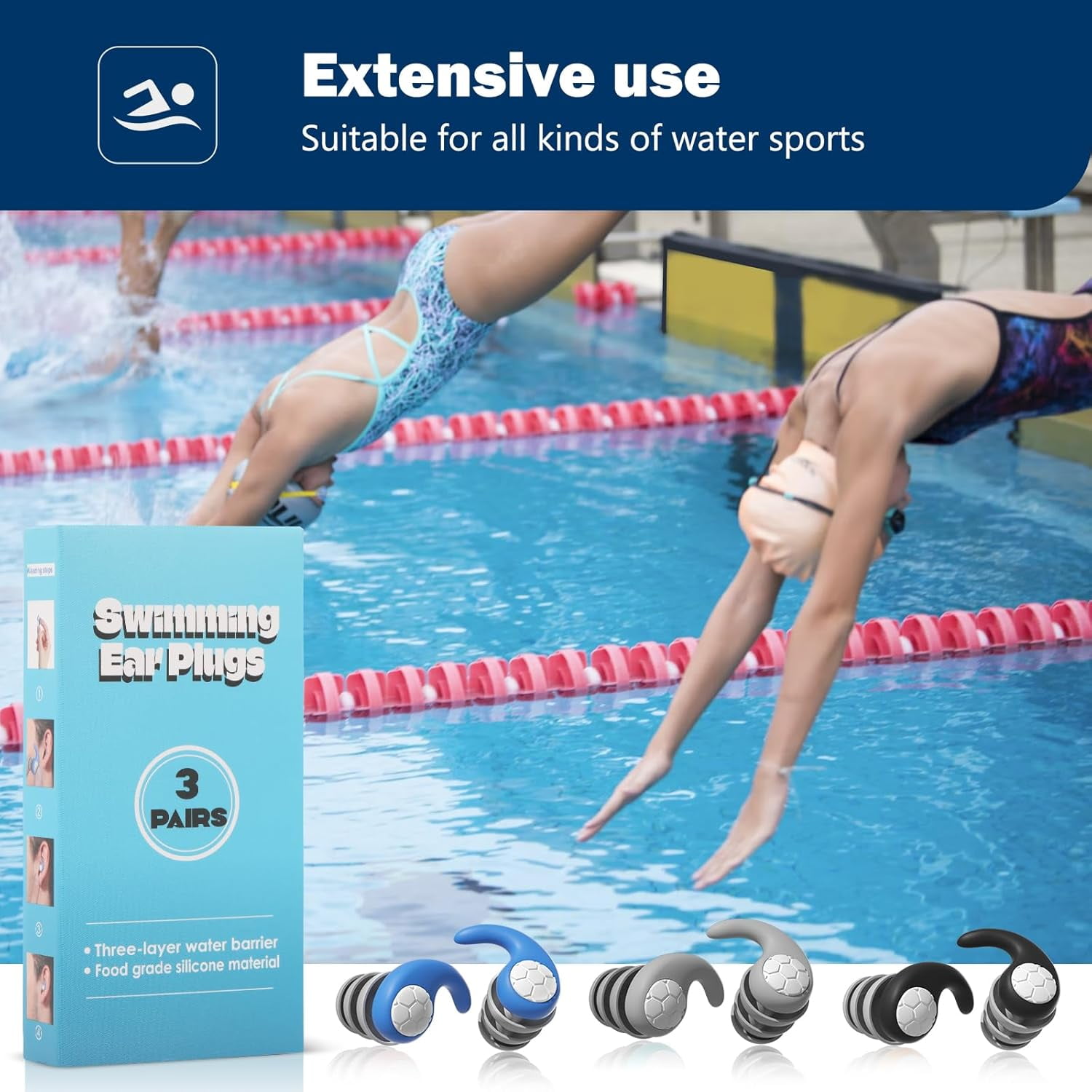 Swimming Ear Plugs for Adults,3 Pairs Waterproof Silicone Reusable Swim Earplugs for Swimming Surfing Diving Showering, Recommended for 14 Years Olds up