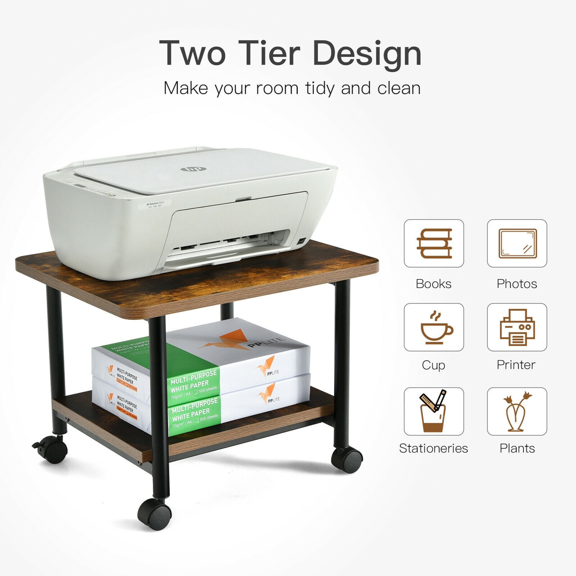 Gymax 2-Tier Machine Stand Storage Rack Rolling Under Desk Printer Cart, Brown