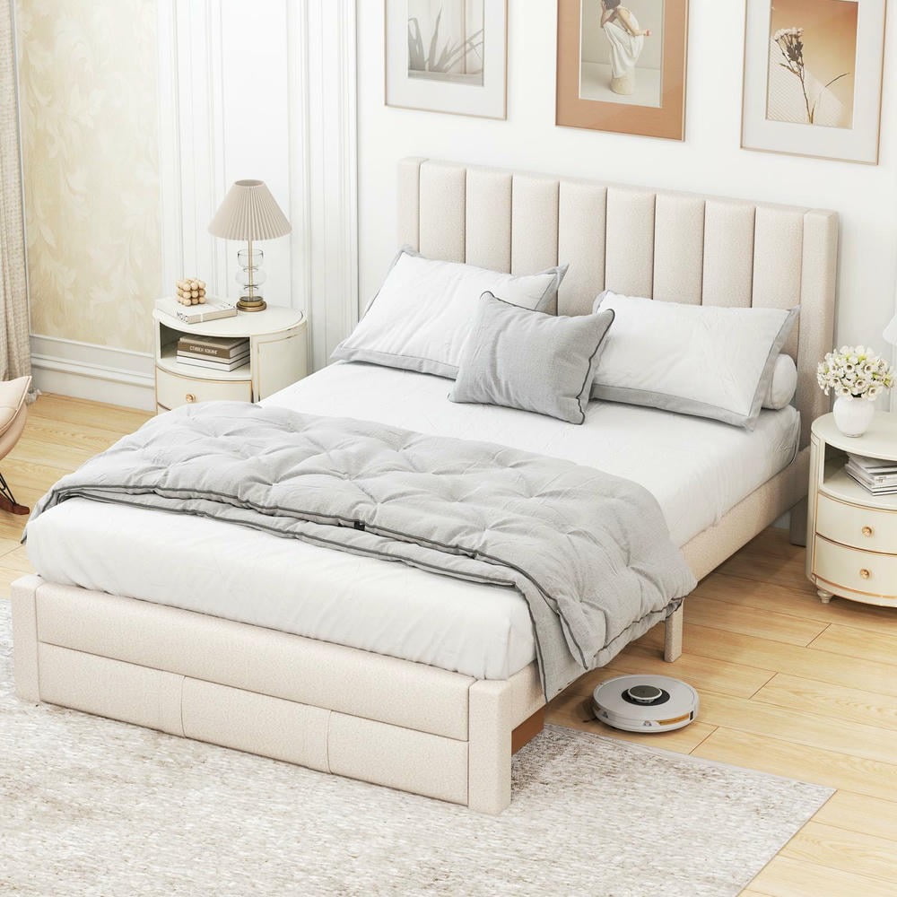 Barara King Queen Size Bedroom Bed Frame with Storage Drawer and Vertical Channel Headboard, Bed Platform Frame for Bedroom, Apartment, Beige