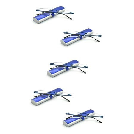 EYE ZOOM 5 Pack Compact Metal Rimless Reading Glasses with Light Slim Case for Men and Women, Navy Blue, +2.00