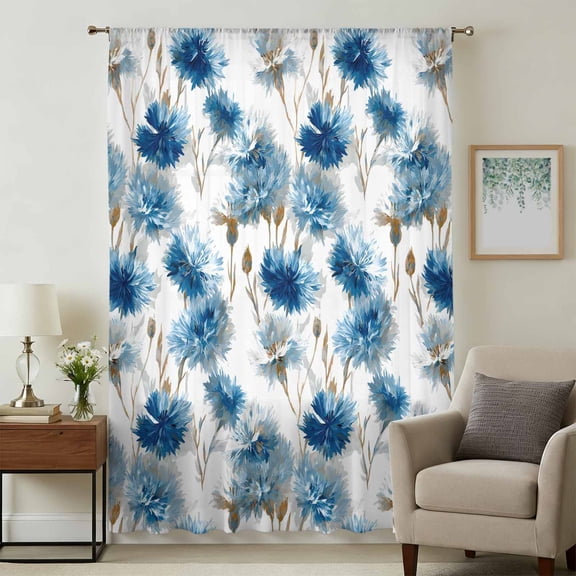 Blue Floral Sheer Curtains 108 Inches Extra Long, Vintage Cornflower Leaves Rustic Plants Light Filering Curtains, Privacy Drapes Simi Floor to Veiling Curtain for Living Room Large Window Treatment