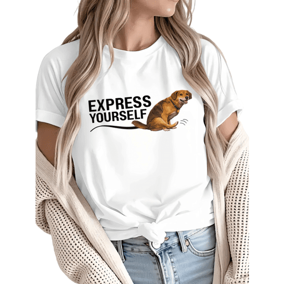 Women Express Yourself Dog Tail Graphic fun Tees T Shirt Tops Round Neck Cotton T Shirt White S-5XL