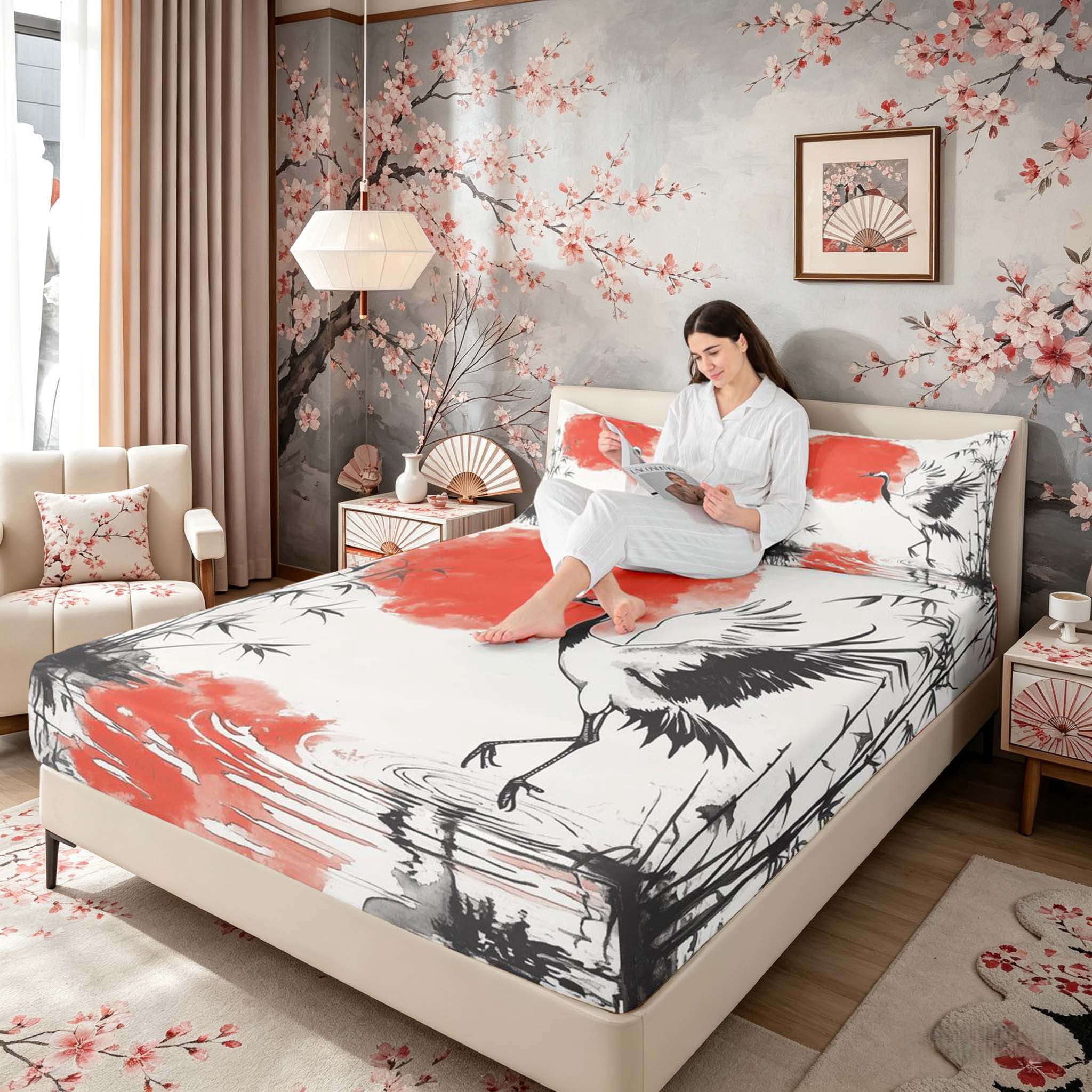 Manfei Ink Red Sun Crane Queen Sheet Sets for Teens, Reed Pond Bed Set, Black Red White 4pcs, 1 Flat Sheet, 1 Fitted Sheet and 2 Pillowcases