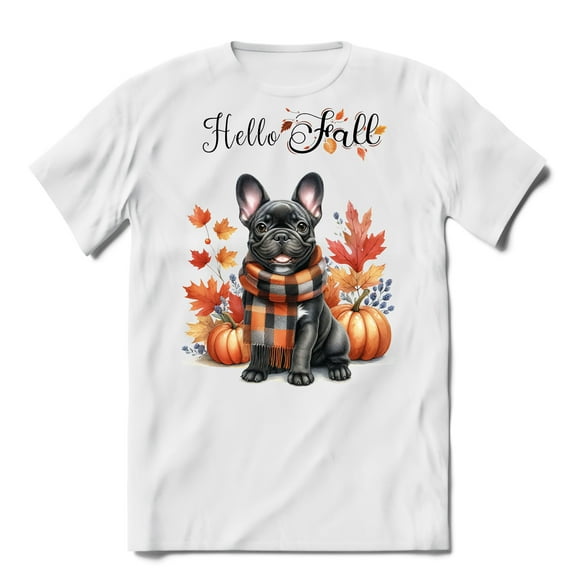 Hello Fall French Bulldog Scarf Welcome Autumn with Leaves Pumpkins Shirt T-shirt Unisex Merch Dog Lover Gifts - 00011