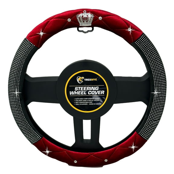 TrexNYC Crown Rhinestone Steering Wheel Cover: Sparkling Rhinestone and Glamorous Bling Car Steering Wheel Cover for Women, Red