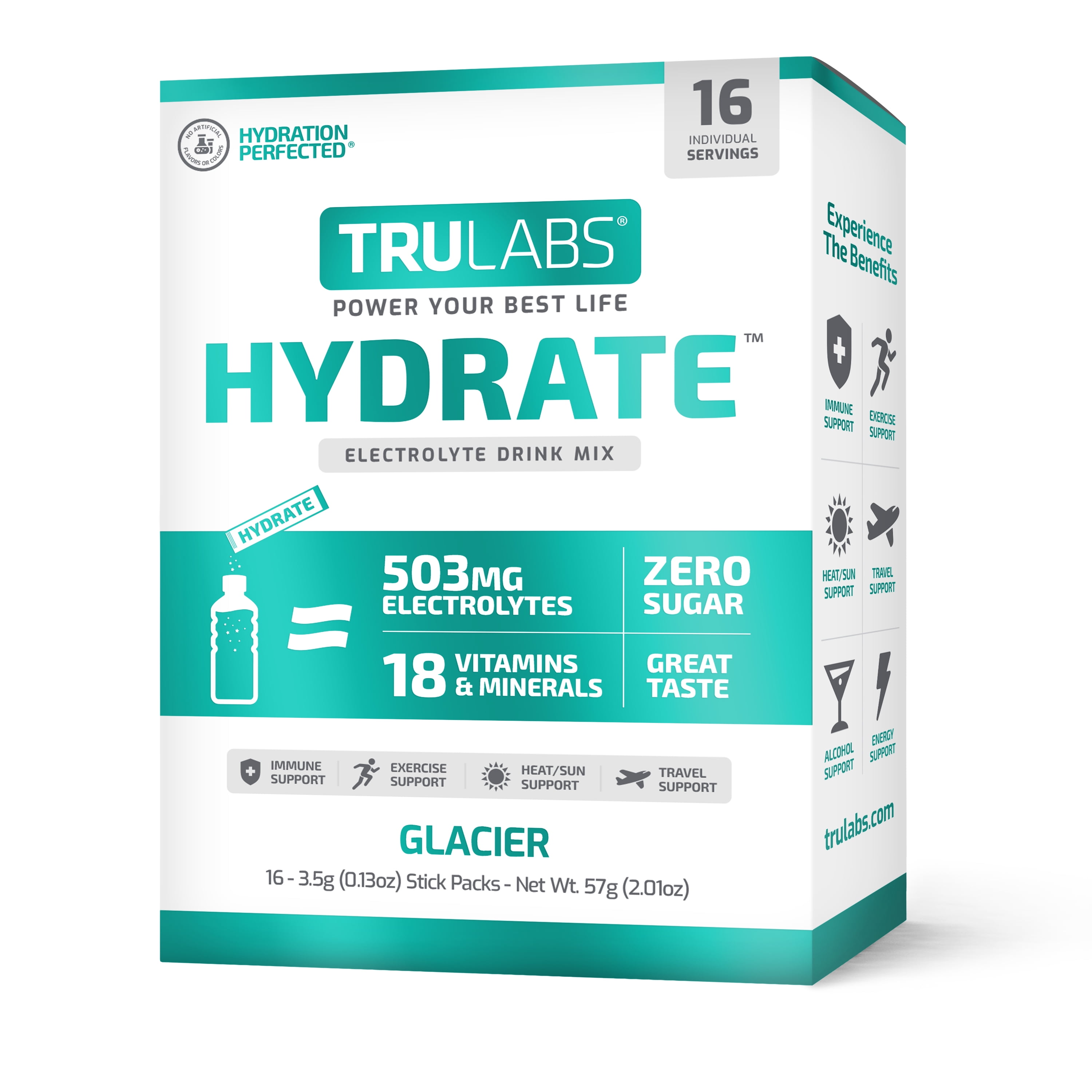 TruLabs Hydrate Glacier Electrolyte Powdered Drink Mix, Sugar-Free, 16 Sticks
