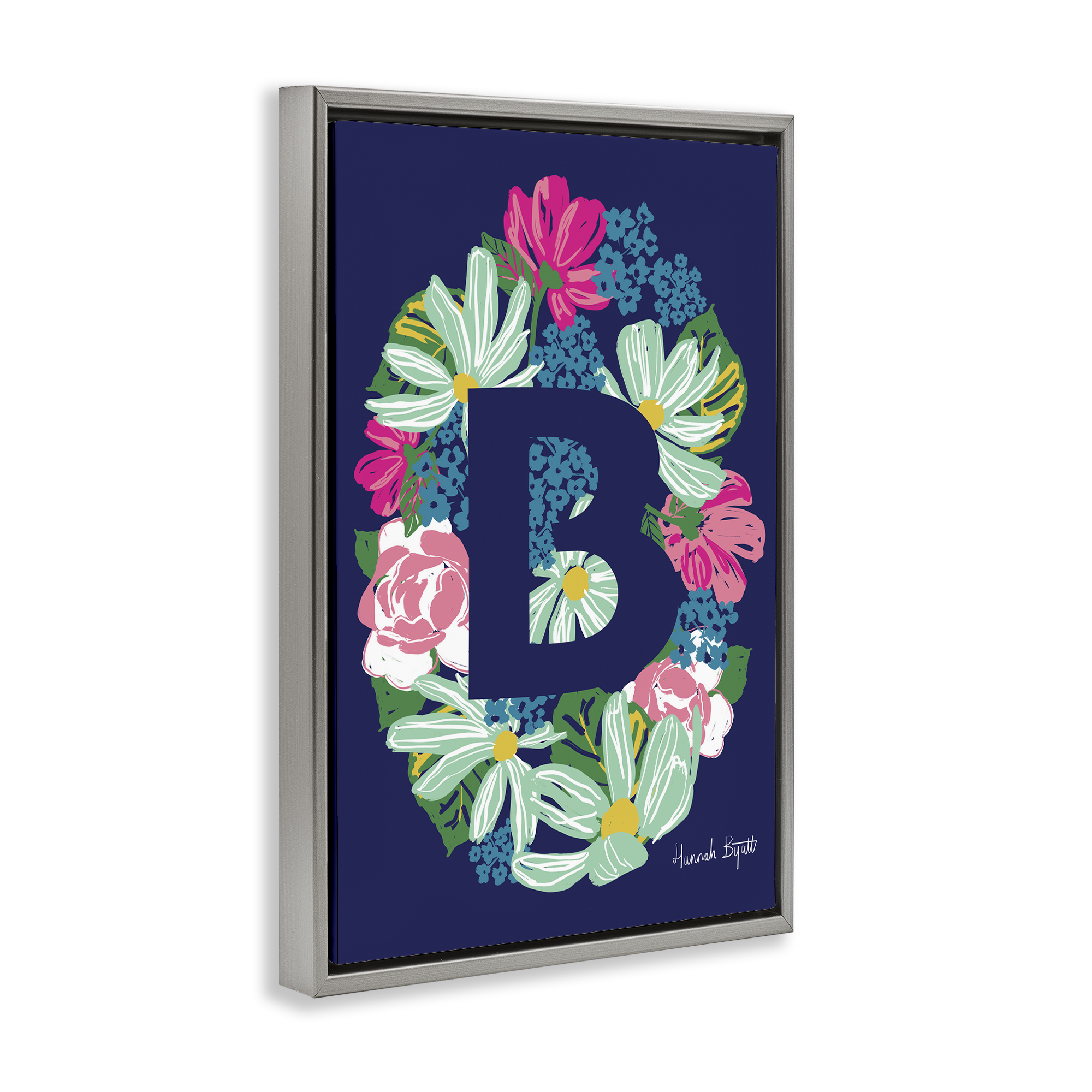 Stupell Industries Floral Bloom Letter B Botanical & Floral Painting Gray Floater Framed Art Print Wall Art, 21 x 31
