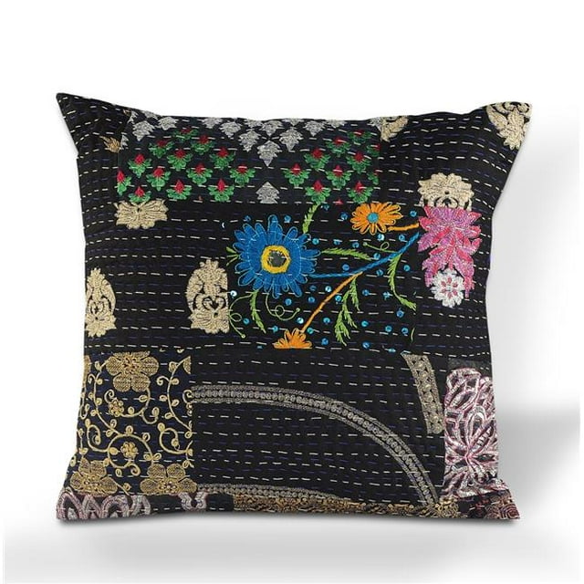 LR Resources PILLO07420BLKFFPL Deep Night Kantha Throw Pillow, Multi Color & Black