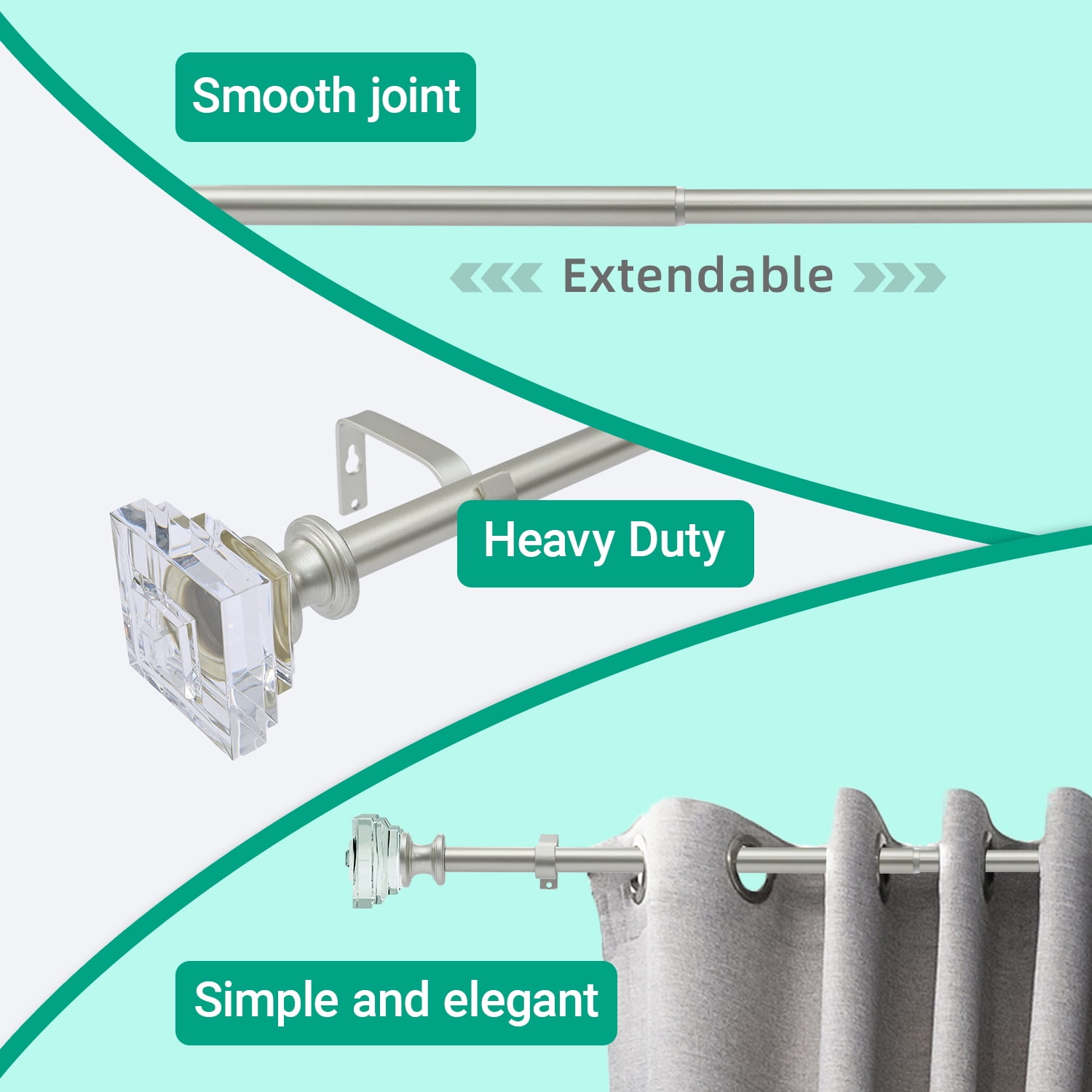 Curtain Rods 30-55" Champagne Adjustable drapery rod with 60mm clear square finials and 3 piece wall brackets.