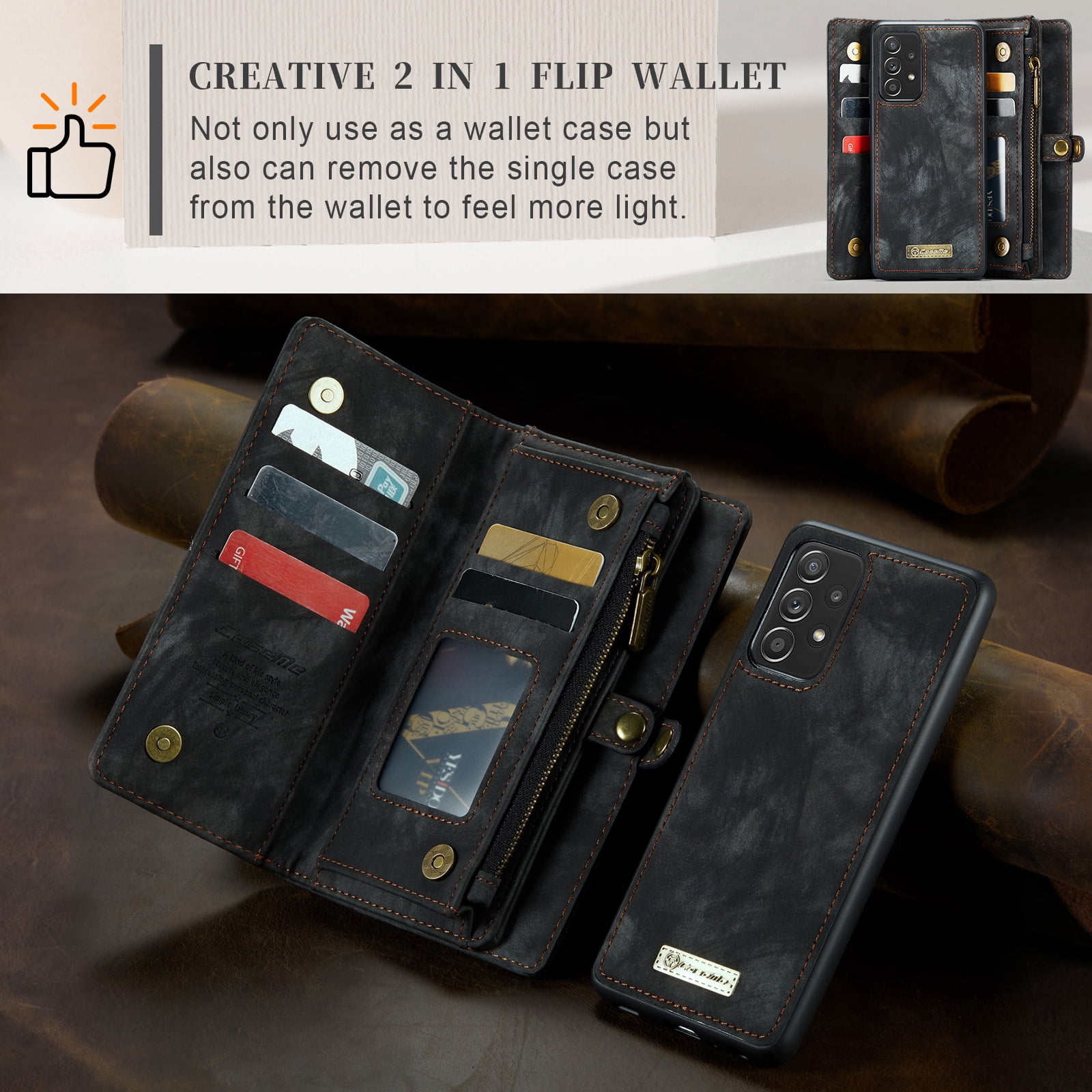 Feishell Durable 2- In-1 Magnetic Detachable Wallet Case for Samsung Galaxy A52 4G/5G,for Women Men,Premium PU Leather Zipper Pocket Flip Multi Card Slots Purse Phone Case with Wrist Strap,Black