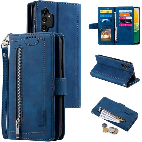 Wallet Phone Case for Samsung Galaxy A13 5G/4G/A04S, Retro Matte 9 Card Holder Slots Zipper Pocket Case PU Leather Magnetic Closure Kickstand Wrist Strap Shockproof Folio Flip Cover - Blue