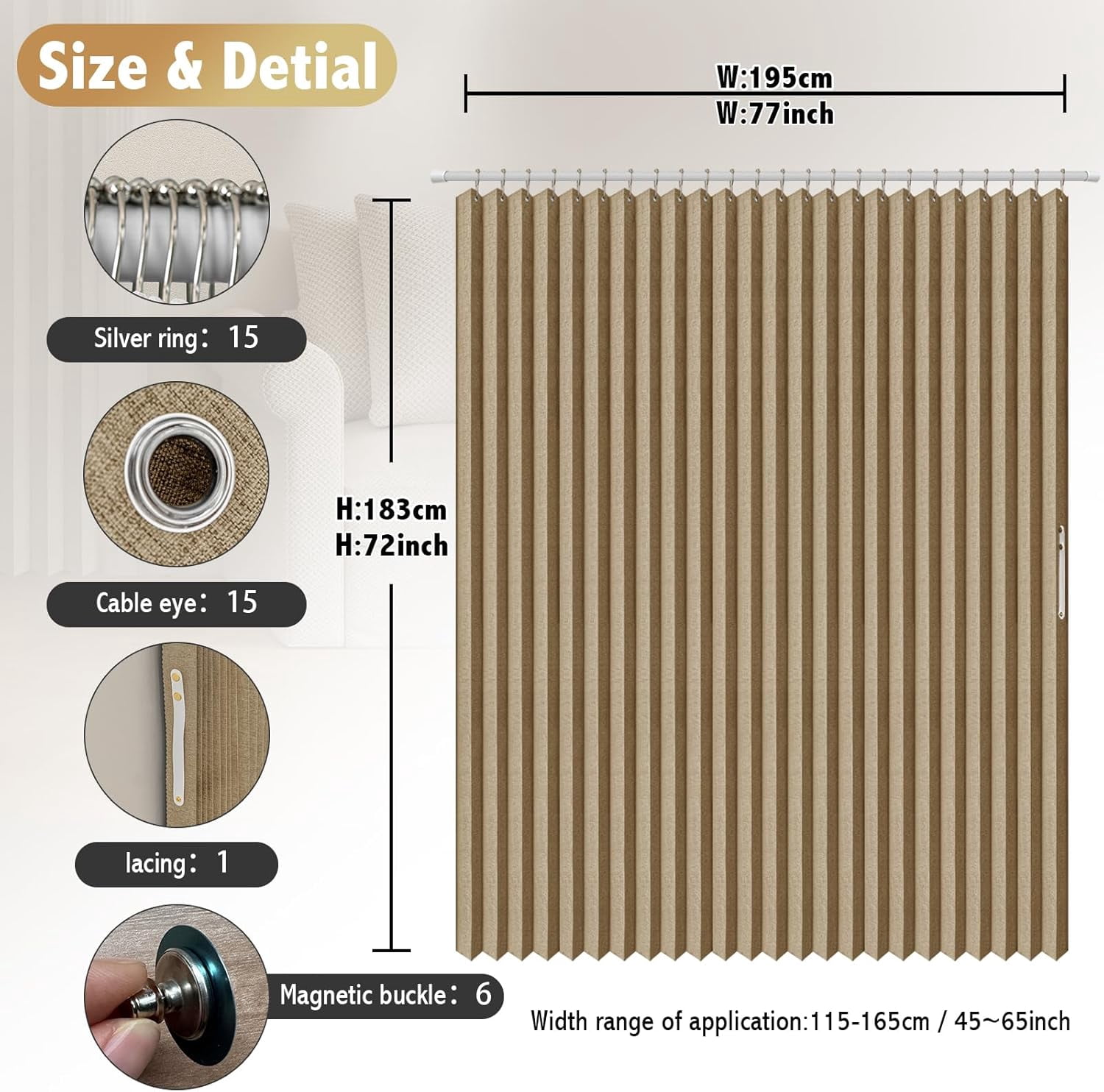 Magnetic Folding Shower Curtains Acordion Shower Curtain Fabric Polyester Waterproof Shower Curtains Suitable for Family Hotel Homestay Bathroom (Brown,77" W x 72" L) 1 Panel