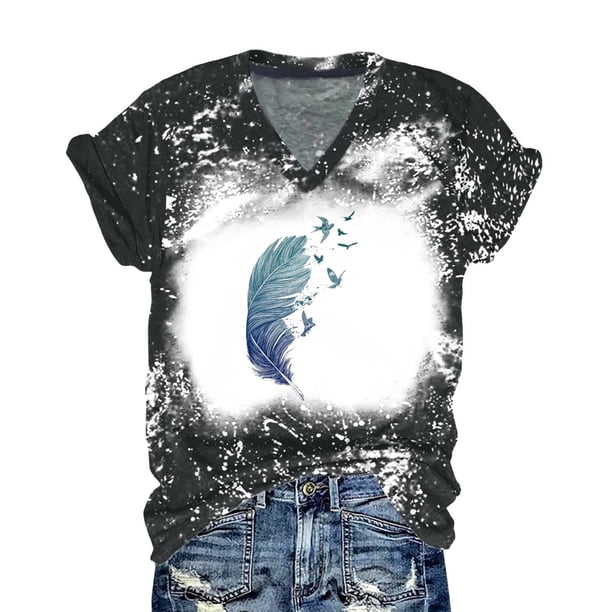 Gibobby Blusa de Trabajo de Manga Corta Tops verano para mujer, camisa manga corta con tinte corbata, camiseta con cuello en V, camisa suelta informal(Negro,G)