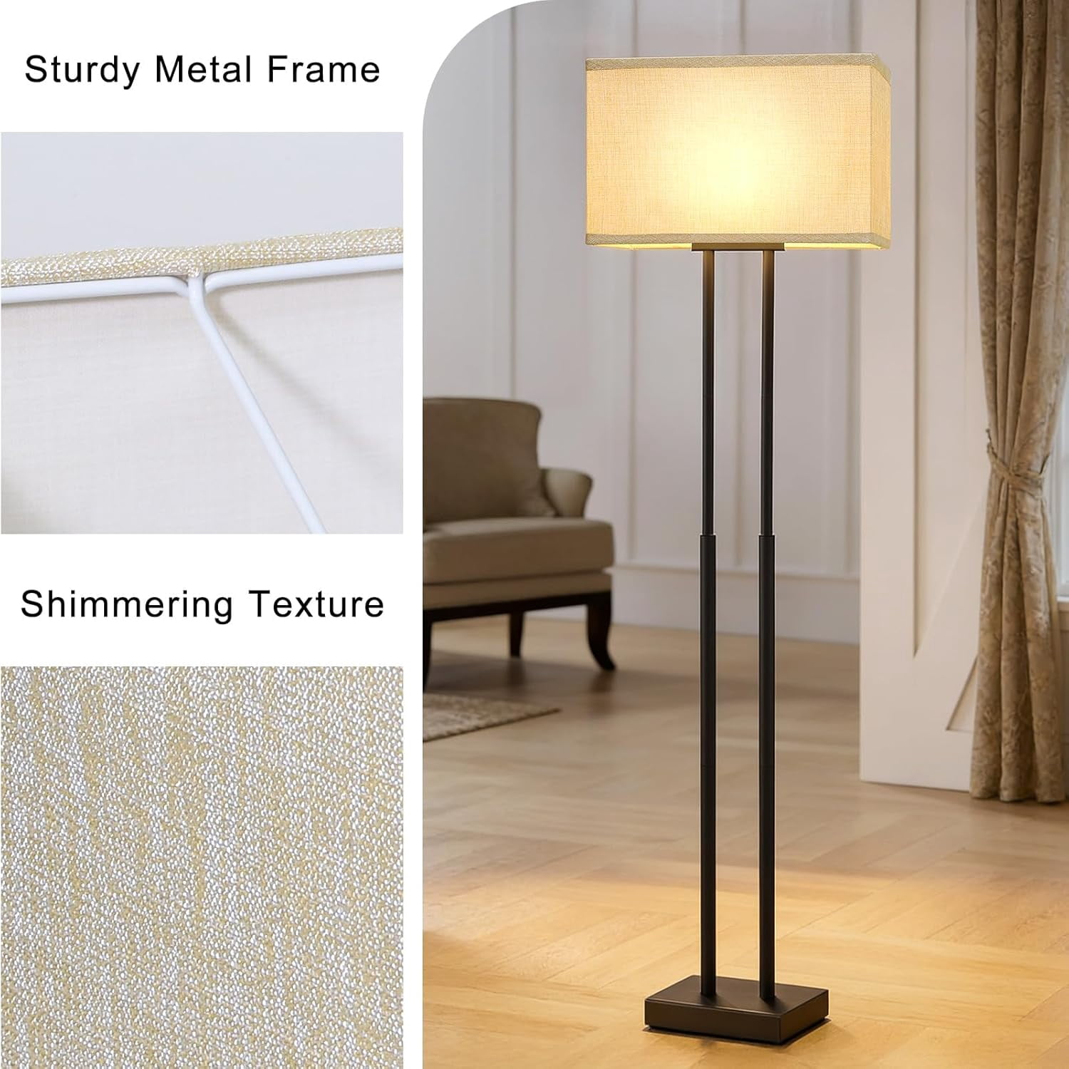 Rectangle Lamp Shades Set of 2,Champagne Beige Lamp Shades for Table Lamps, 16"L x 8"W x 10"H, Natural Linen Fabric Replacement Lampshades for Floor Lamp, Spider, Harp Holders Included, Easy Assembly