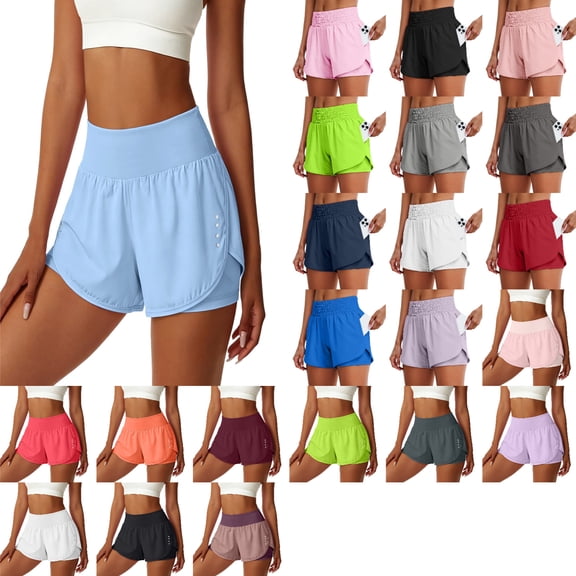 Y-Sunset Biker Shorts Women Quick Dry 2 in 1 Running High-Split Athletic High Waist Short Pant with Pocket Tennis Golf Skirt(Blue/L)