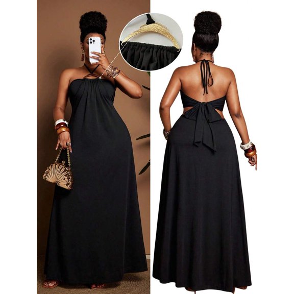 Black Plus Size Womens Summer Halter Tie Waist Flowy Maxi Dress With Back Knot Detail