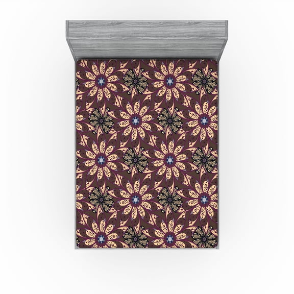Ambesonne Floral Design Fitted Sheet, Dreamy Blooming Print, California King, Green Brown Mustard Tan