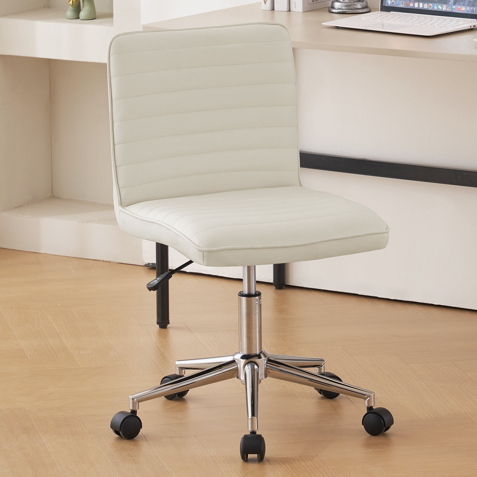 Modern Office Desk Task Chair White PU Leather Upholstered Computer