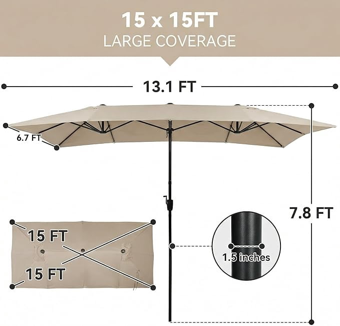 15×15ft Outdoor Patio Umbrella, Double Sided Market Rectangle Umbrella with Crank Handle, Large Sun Shade for Outside Deck, Backyard, Garden（Beige）