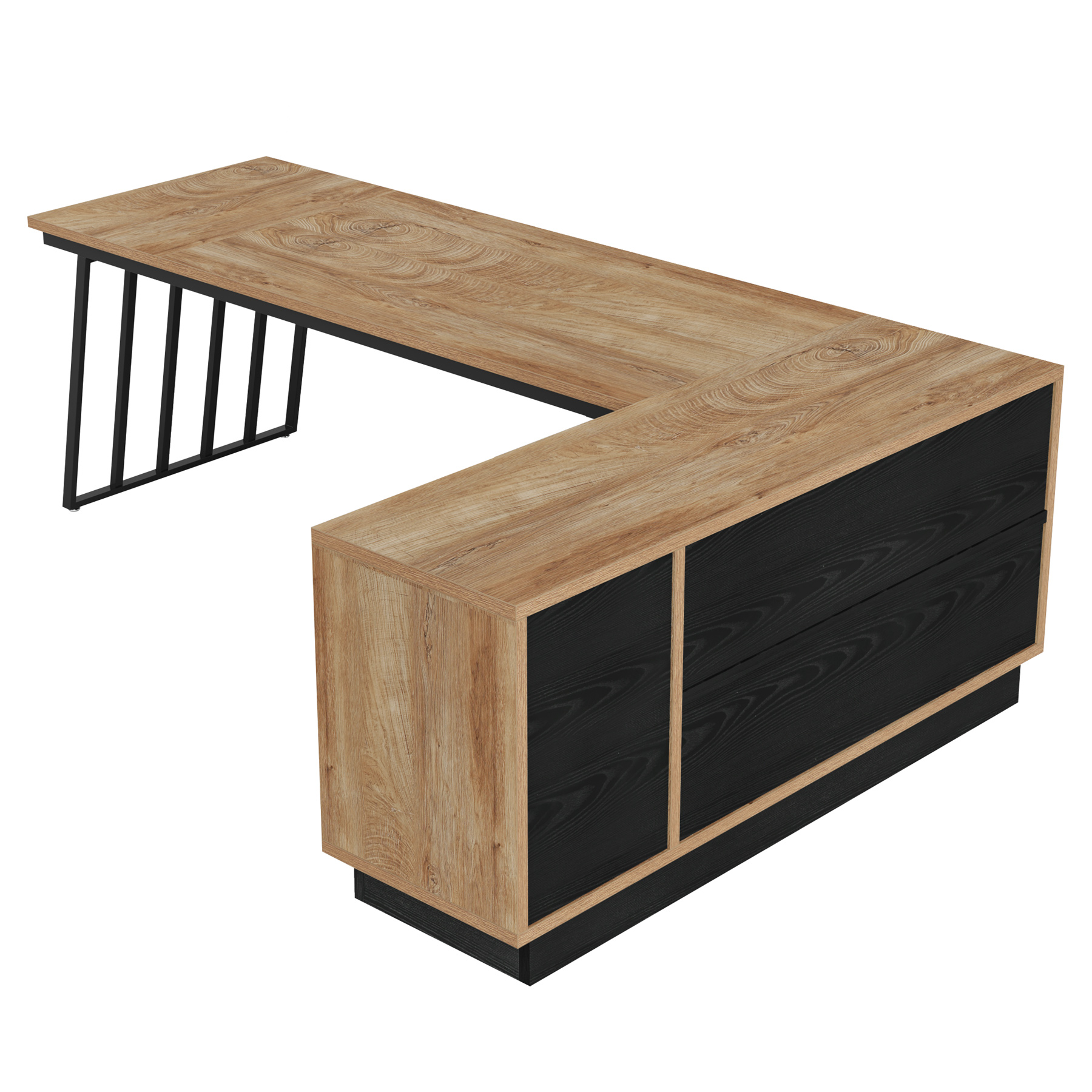Fnova 71" L-Shaped Executive Desk with Storage Drawers and Open Shelves, Industrial Office Desk Writing Desk with File Cabinet, Spacious Corner Computer Desk for Home Office