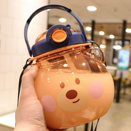 

Tuelaly 1430ml Strong Sealing Straw Bottle with Handle Large Capacity Cartoon Clear Drink Water Little Bear Water Bottle for Kids