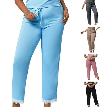 

qolati Classic Lounge Pants for Women Comfy Pajama Drawstring Loose Fit Stretch Ribbed Sleepwear Pjs Lightweight Pants