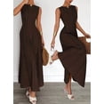 thumbnail image 4 of Women's Sleeveless Maxi Tank Crew Neck Folds Dresses Formal Line Dress for Party Summer Brown M, 4 of 6