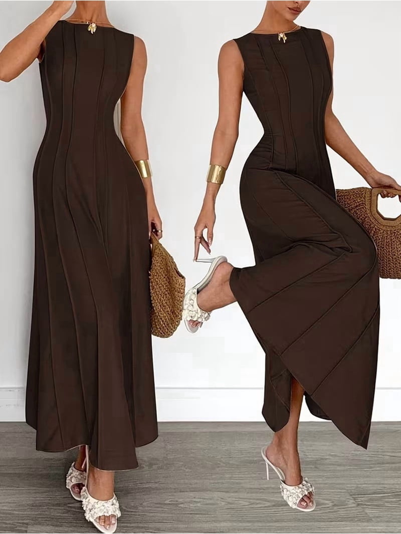 brown tank maxi dress Brown Fitted Cutout Maxi Tank Dress