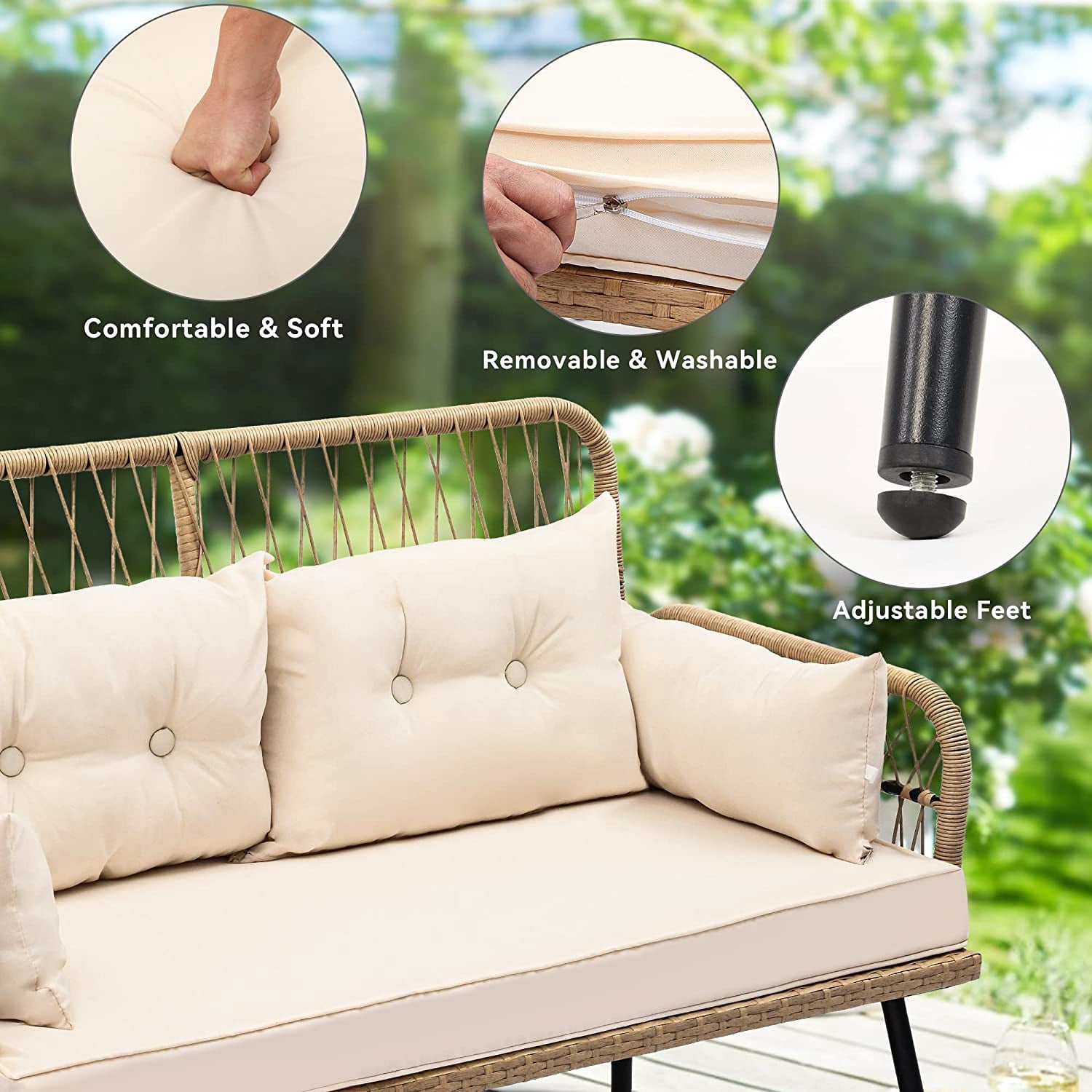 Dextrus 2-Piece Patio Furniture Wicker Outdoor Loveseat, All-Weather Rattan Conversation for Backyard, Balcony and Deck with Soft Cushions and SideTable (Light Brown+Beige)