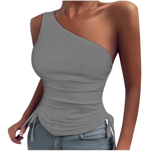 Deals Clearance under 5.00 Lindreshi Tank Tops for Women Clearance Women Girls Solid Skew Collar Sleeveless Bandage Shirt Polluver Blouse Tank Tops