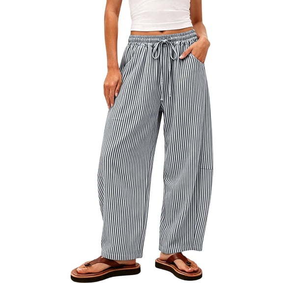 ZHYou No Boundarie Stripe Pants for Women Drawstring Elastic Waist Wide Leg Lightweight Vacation Casual Trousers with Pockets,Black,Size M
